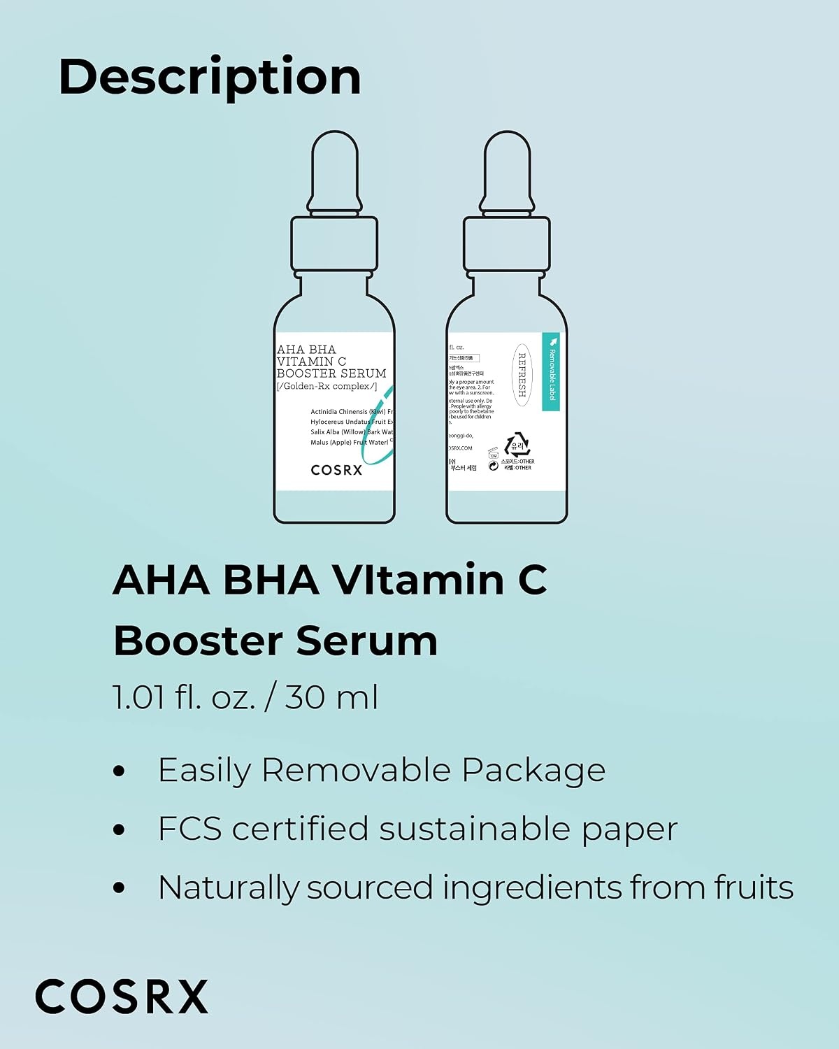 image:imageCOSRX AHA BHA Vitamin C Booster Serum Anti Aging Niacinamide 101 fl oz Brightening Hydrating Facial Essence Dull Skin Uneven Tone Care No Parabens Cruelty Free Korean Skin Care