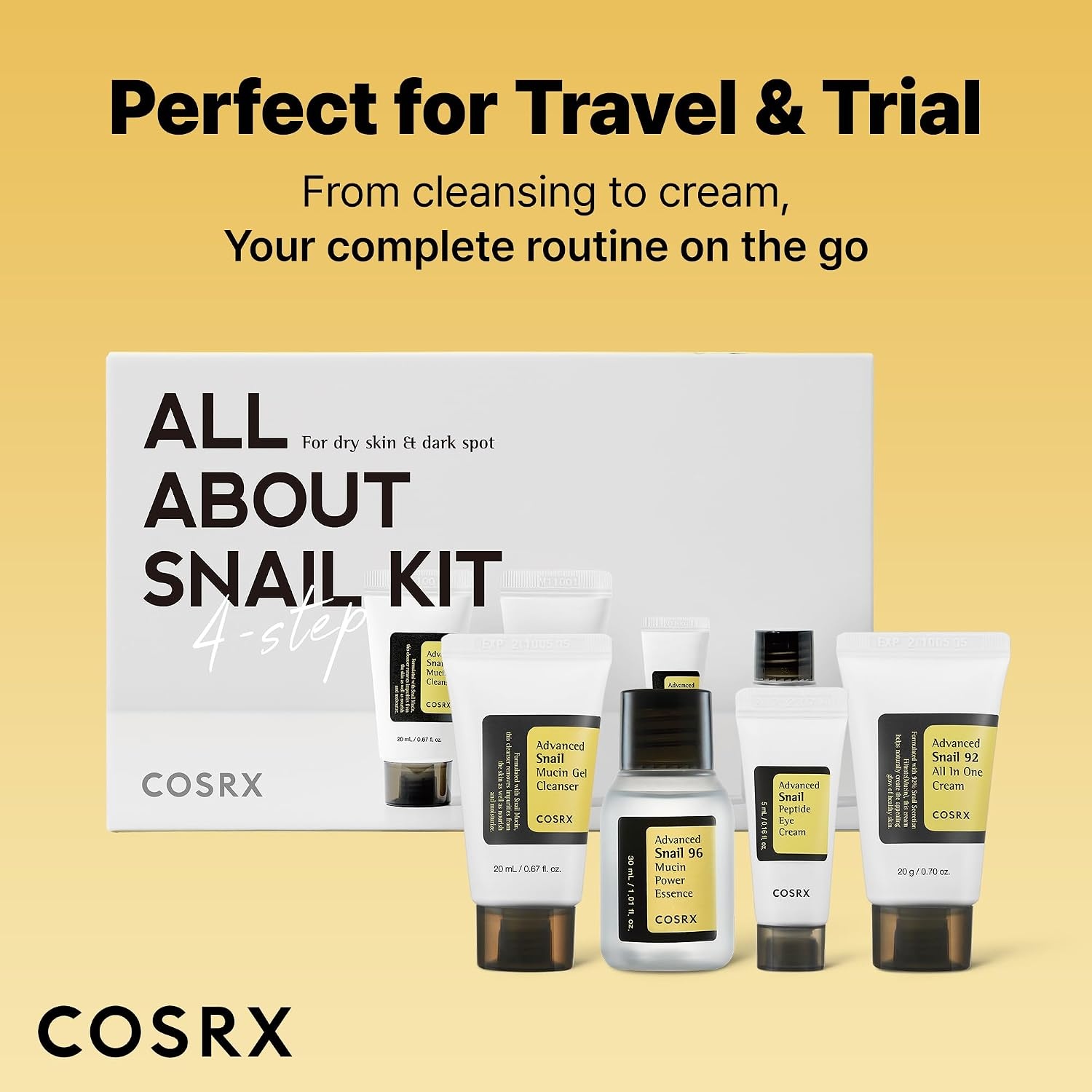 image:imageCOSRX All About Snail Mucin Korean Skin Care Set Mini Travel Essentials Travel Size Gift Set with Snail Mucin Face Wash Serum Moisturizer amp Eye Cream Rejuvenating Kit Self Care Gift Set