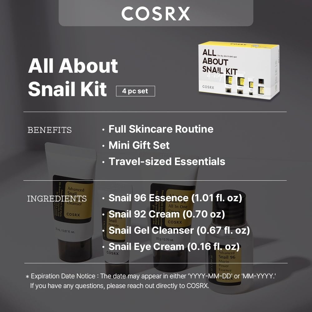 image:imageCOSRX All About Snail Set Hydrogel Mask 3EA Snail Mucin Skincare Set and Glass Glow Hydrogel Collagen Face Mask Travel Essentials Stocking Stuffers Korean Skin Care