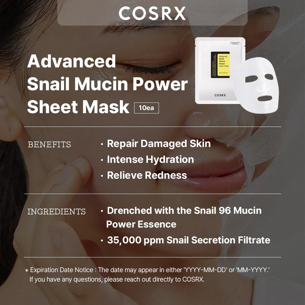 image:imageCOSRX Glazed Donut Look Snail Mucin 92 Daily Repair Moisturizer with Snail Mucin Sheet Mask Pack of 10 Hydrating Serum for Face with Snail Secretion Filtrate for Dark Spots and Fine Lines