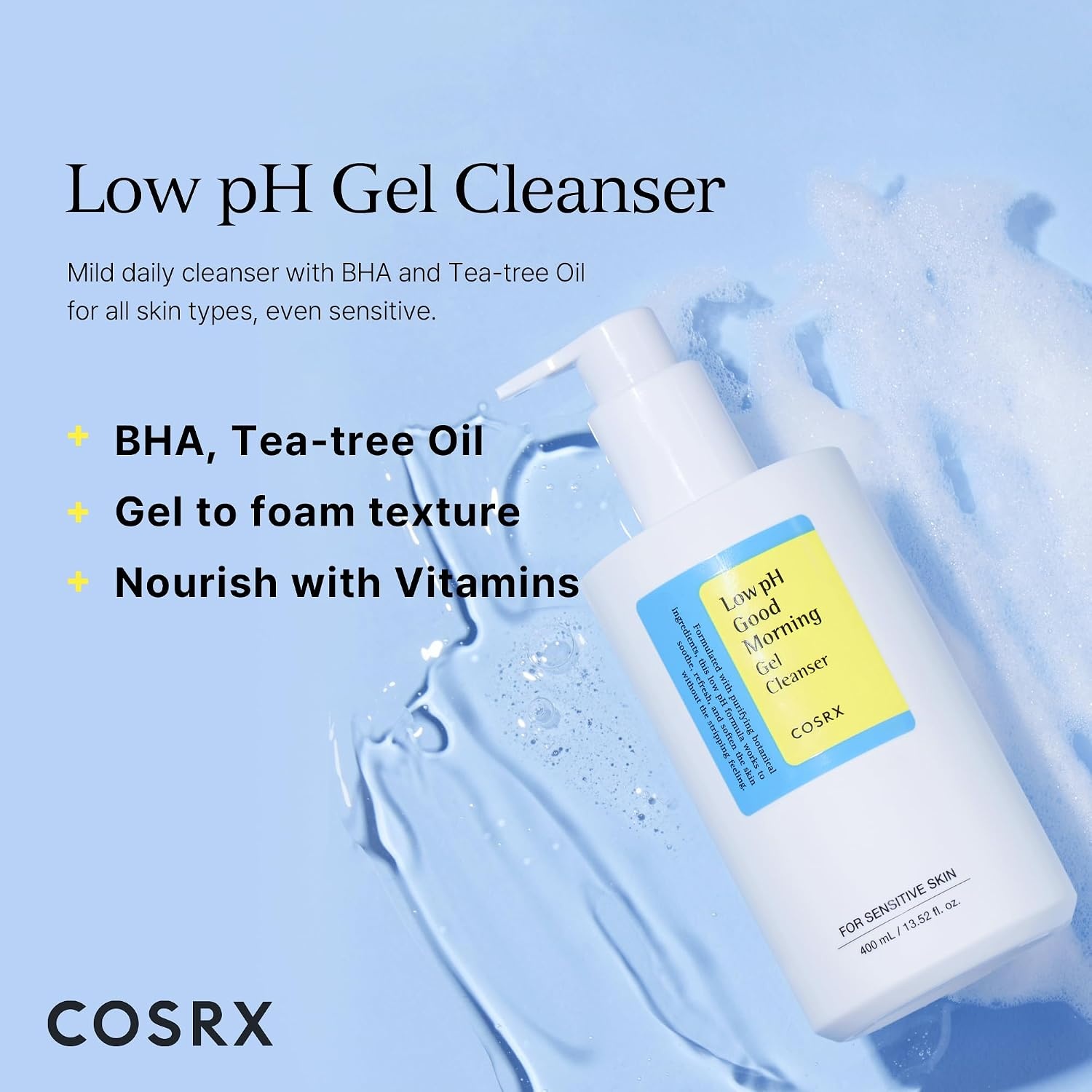 image:imageCOSRX Low pH Good Morning Gel Cleanser BHA Face amp Body Wash 1352 fl oz Daily Mild Formula for Sensitive Skin pH Balancing Tea Tree Oil Gentle Sebum Pore Care Korean Skin CareGood Morning Gel Cleanser