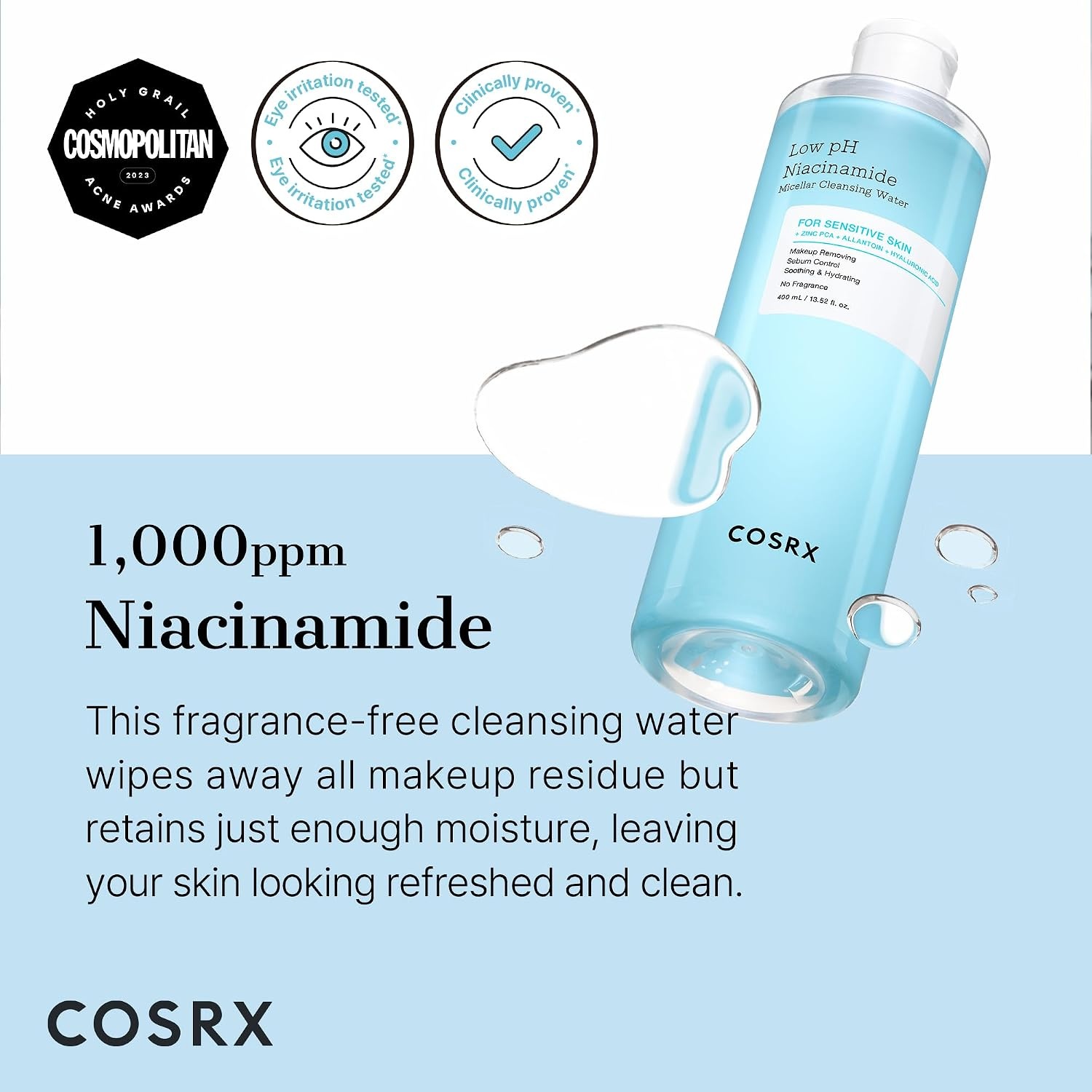 image:imageCOSRX Low pH Niacinamide Cleansing Water for Sensitive Skin 338 floz Micellar Makeup Remover Daily Mild Facial Wash Sebum Control Pore Care NoRinse Formula Korean Skin Care1352 Fl Oz Pack of 1