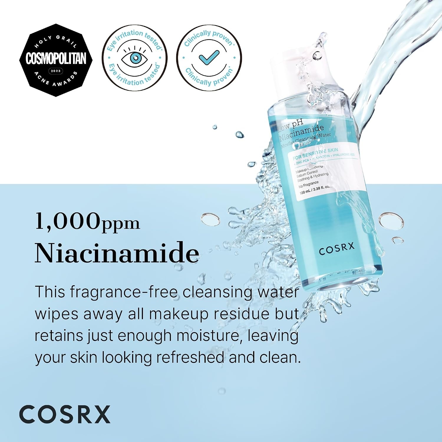 image:imageCOSRX Low pH Niacinamide Cleansing Water for Sensitive Skin 338 floz Micellar Makeup Remover Daily Mild Facial Wash Sebum Control Pore Care NoRinse Formula Korean Skin Care338 Fl Oz Pack of 1