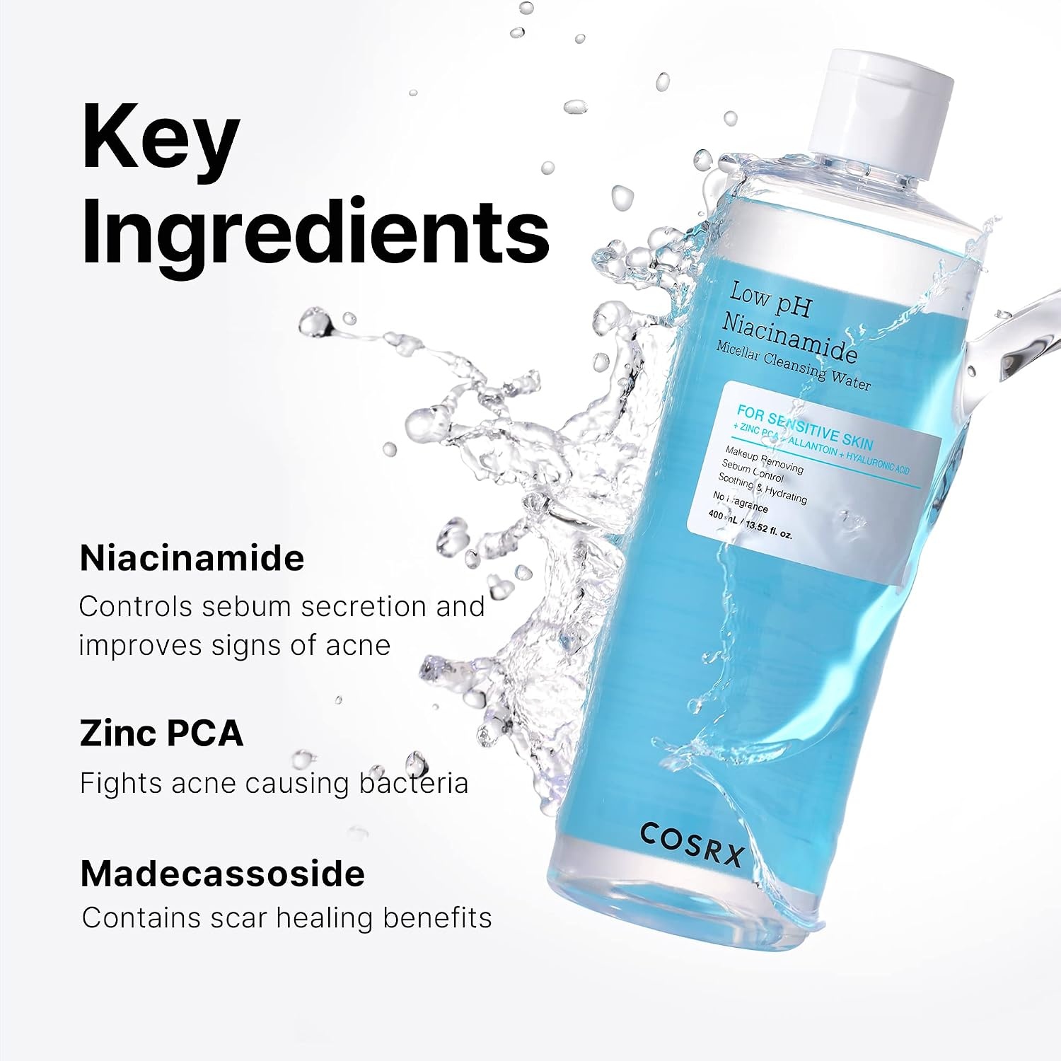 image:imageCOSRX Low pH Niacinamide Cleansing Water for Sensitive Skin 338 floz Micellar Makeup Remover Daily Mild Facial Wash Sebum Control Pore Care NoRinse Formula Korean Skin Care1352 Fl Oz Pack of 1