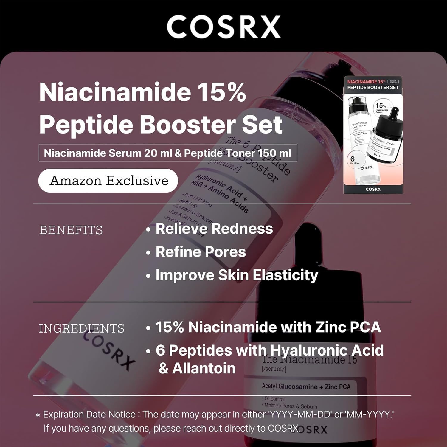 image:imageCOSRX Niacinamide 15 Peptide Booster Serum Set Pore Care amp Hydration Amazon Exclusive Korean Skin Care Set Gift Sets for Pore Care Hydration Glow Elasticity amp SmootherLooking SkinNiacinamide 15 Peptide Set