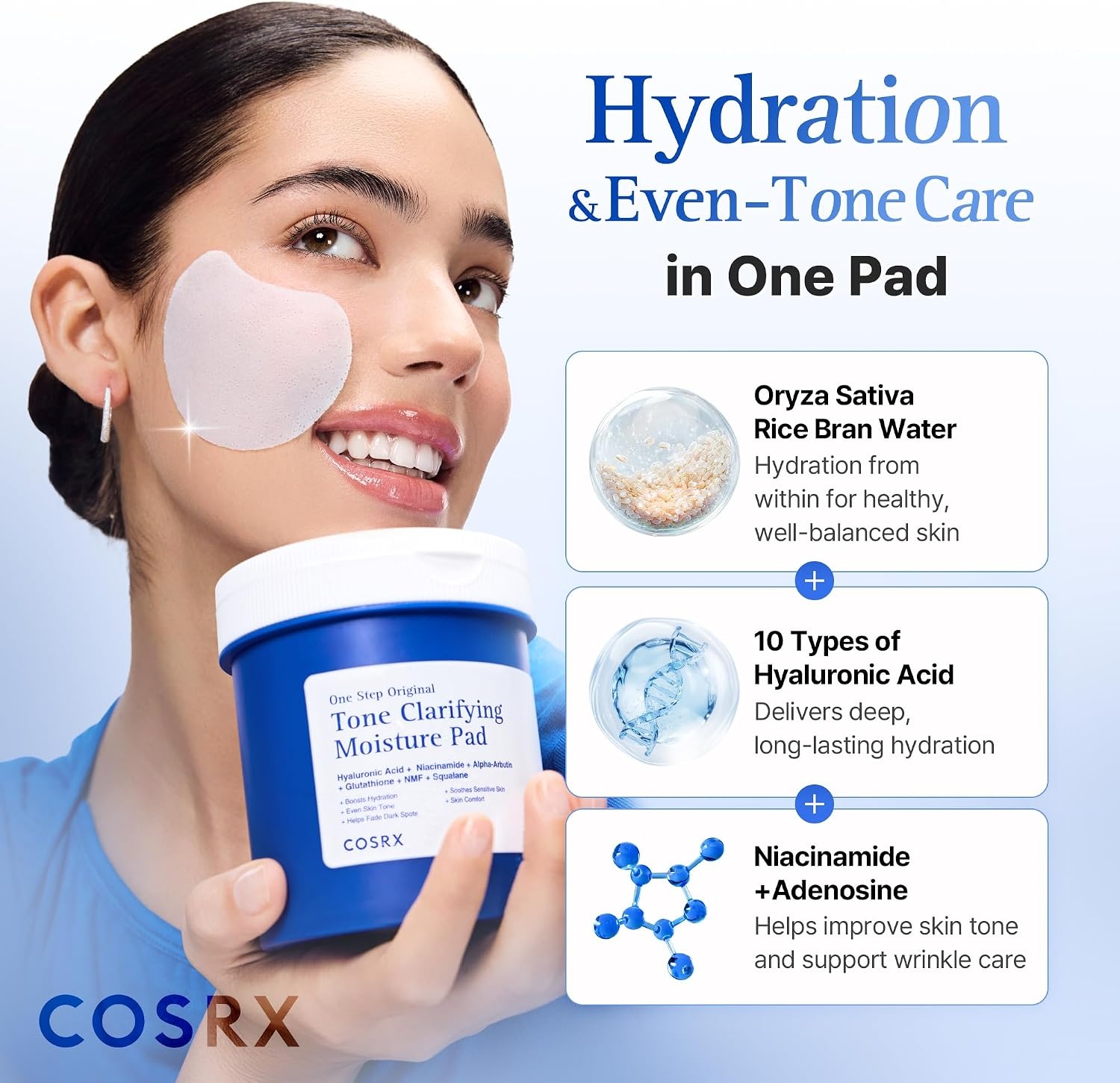 image:imageCOSRX OneStep Tone Clarifying Toner Pads Even Skin amp Hydration 100 Pads Toning Pad for Skin Texture amp Hydration amp Evening Skin Tone with Arbutin Glutathione amp Hyaluronic Acids Korean Skin CareTone Clarifying Moisture