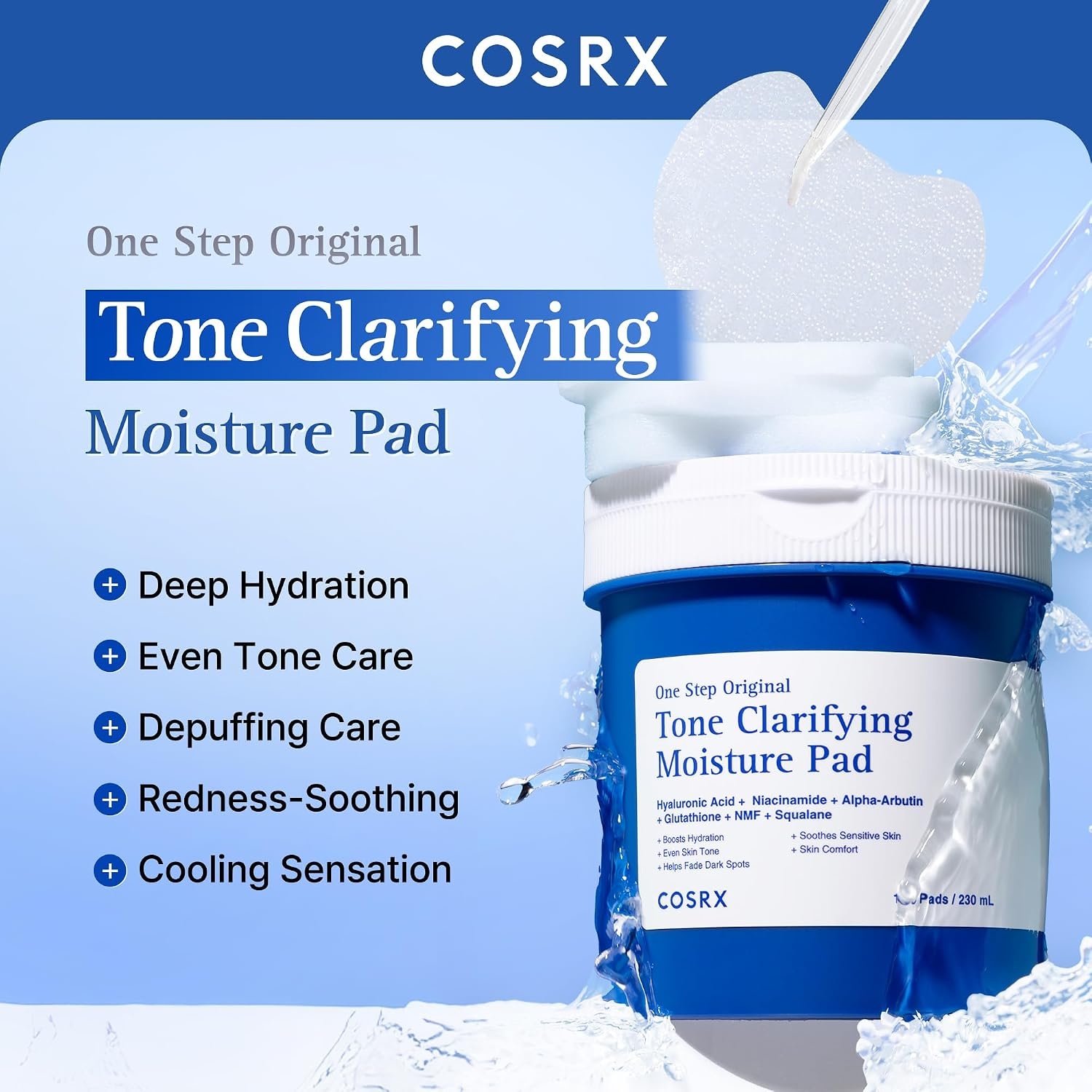 image:imageCOSRX OneStep Tone Clarifying Toner Pads Even Skin amp Hydration 100 Pads Toning Pad for Skin Texture amp Hydration amp Evening Skin Tone with Arbutin Glutathione amp Hyaluronic Acids Korean Skin CareTone Clarifying Moisture