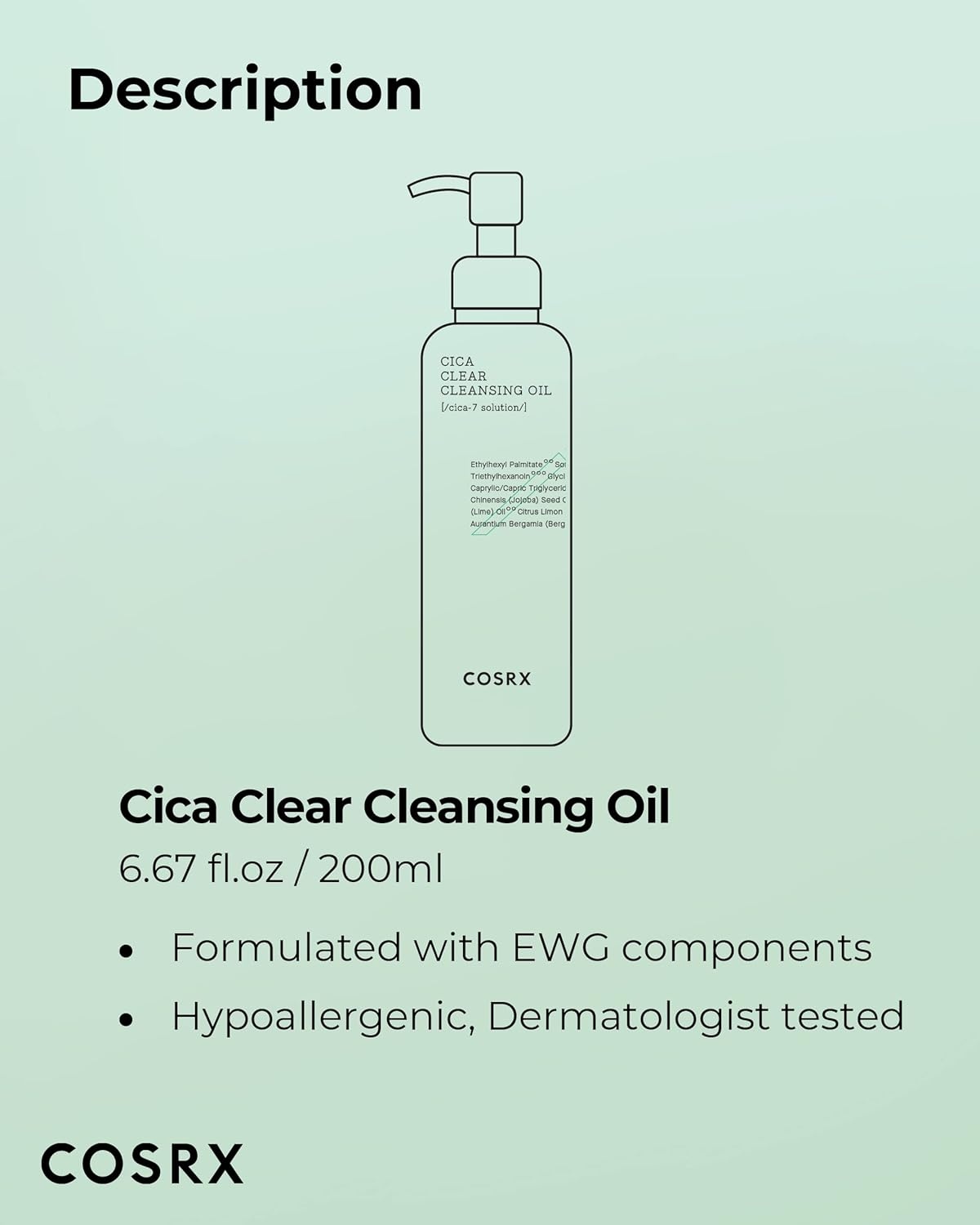 image:imageCOSRX Pure Fit CICA Cleansing Oil for Sensitive Skin 676 fl oz Light Weight Makeup Remover Purifying Centella CICA7 Complex Jojoba seed oil
