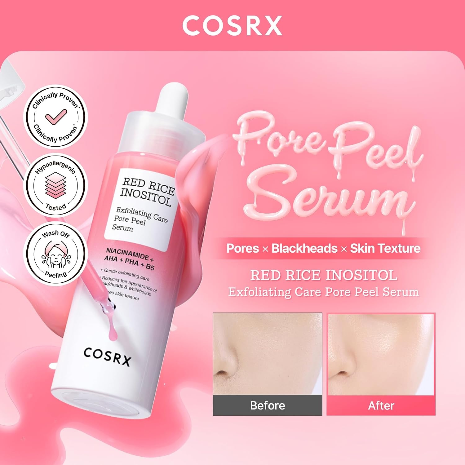 image:imageCOSRX Red Rice Pore Peel Shot Blackhead Remover AHA BHA PHA 27 fl oz 94 Dead Skin Cell Reduction Gentle Face Exfoliator with Rice Extract Inositol Pore Minimizer Korean Skin Care
