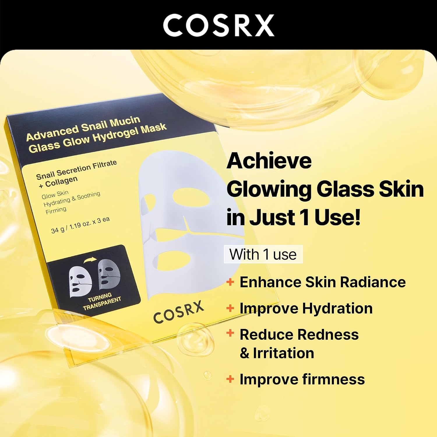 image:imageCOSRX Snail 96 Essence Hydrogel Mask 3EA Advanced Snail 96 Mucin Serum and Glass Glow Hydrogel Collagen Face Masks Travel Essentials Stocking Stuffers Korean Skin Care