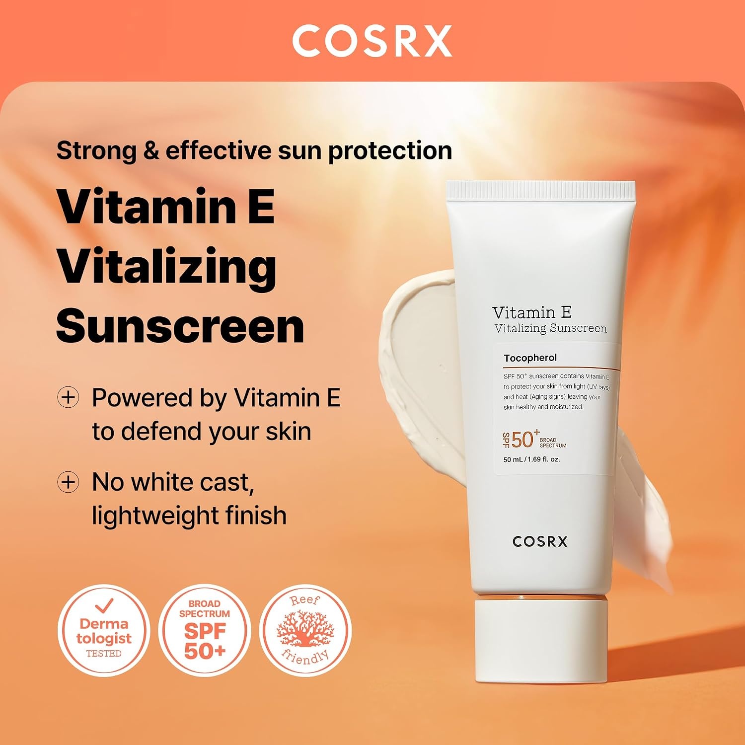 image:imageCOSRX Vitamin E Sunscreen SPF 50 Natural Glow for Oily Skin 169 fl oz Hydrating Face Sunscreen Lightweight NonSticky No White Cast Beach Essentials Travel Essentials Korean SkincareKeyring Gift Set 1 Pack