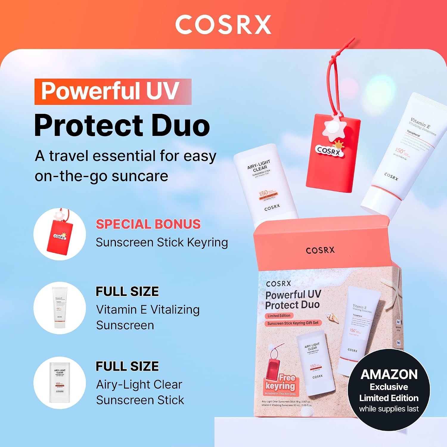 image:imageCOSRX Vitamin E Sunscreen SPF 50 Natural Glow for Oily Skin 169 fl oz Hydrating Face Sunscreen Lightweight NonSticky No White Cast Beach Essentials Travel Essentials Korean SkincareKeyring Gift Set 1 Pack