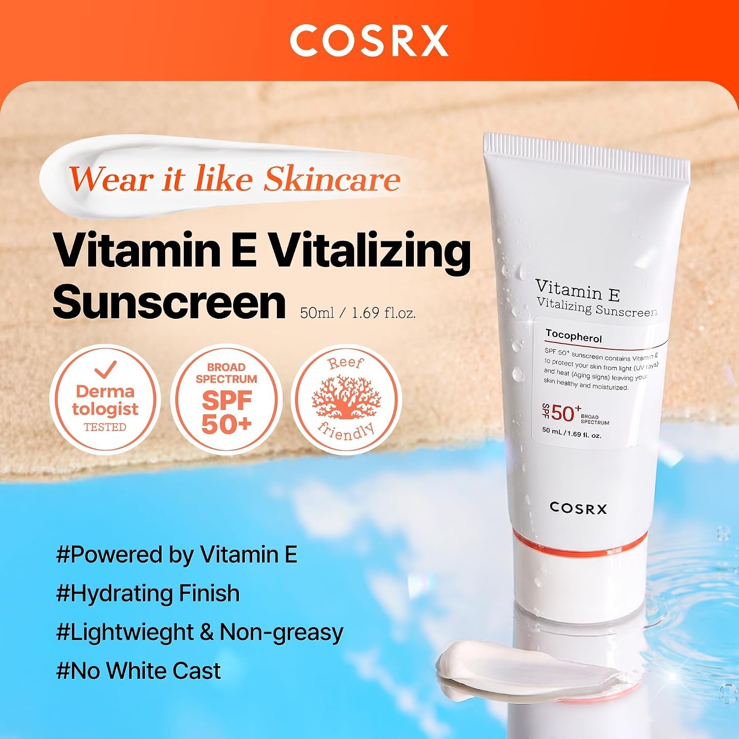 image:imageCOSRX Vitamin E Sunscreen SPF 50 Natural Glow for Oily Skin 169 fl oz Hydrating Face Sunscreen Lightweight NonSticky No White Cast Beach Essentials Travel Essentials Korean SkincareVitamin E Sunscreen 1 Pack