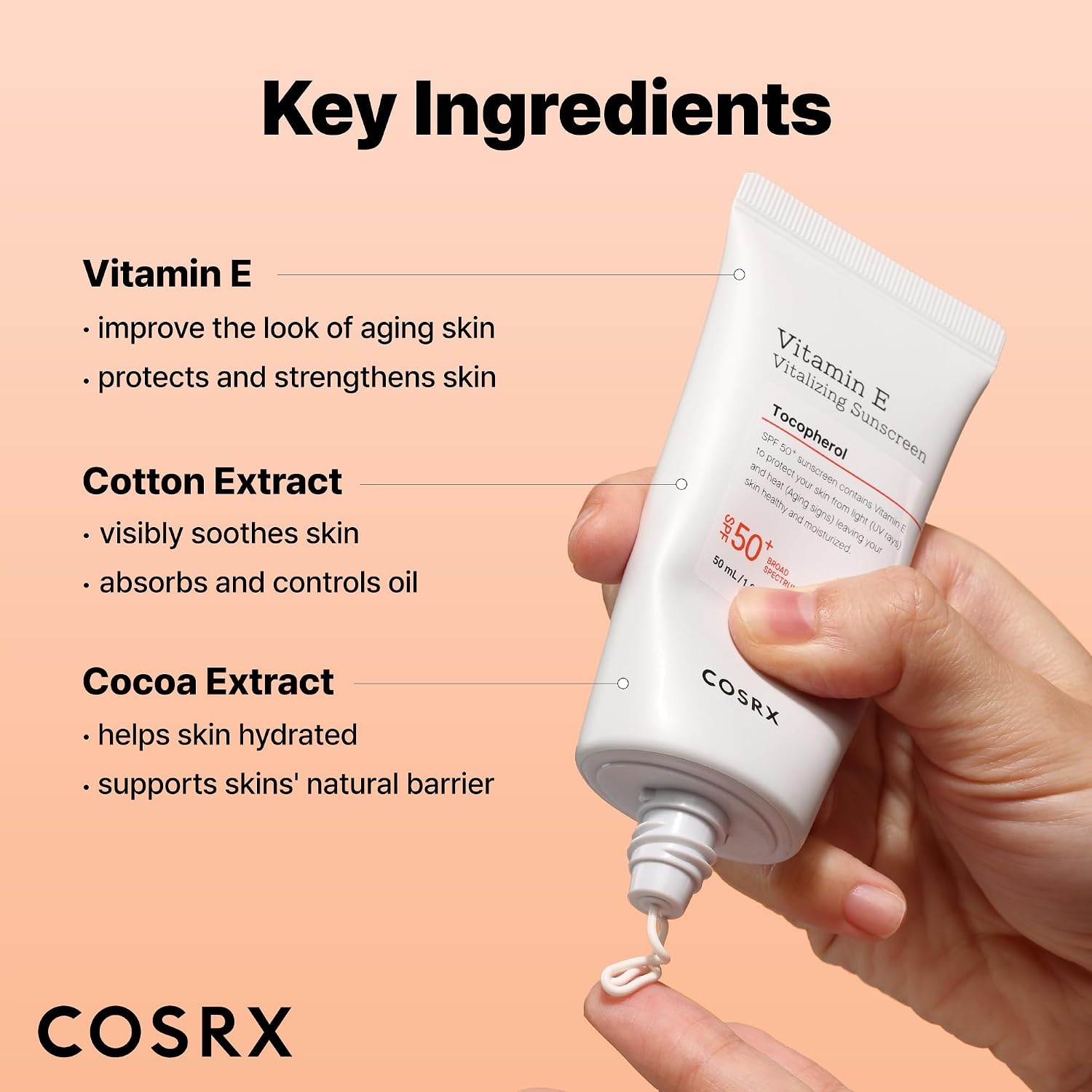 image:imageCOSRX Vitamin E Sunscreen SPF 50 Natural Glow for Oily Skin 169 fl oz Hydrating Face Sunscreen Lightweight NonSticky No White Cast Beach Essentials Travel Essentials Korean SkincareVitamin E Sunscreen 1 Pack