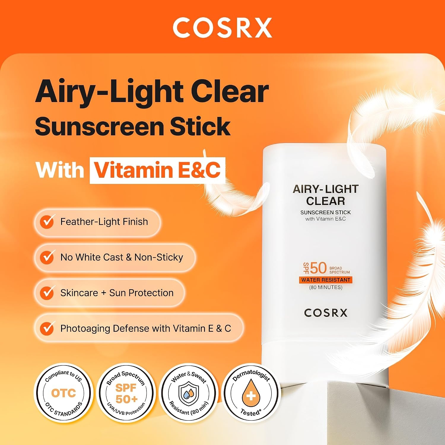image:imageCOSRX Vitamin E Sunscreen SPF 50 Natural Glow for Oily Skin 169 fl oz Hydrating Face Sunscreen Lightweight NonSticky No White Cast Beach Essentials Travel Essentials Korean SkincareVitamin EC Sunscreen Stick 1 Pack