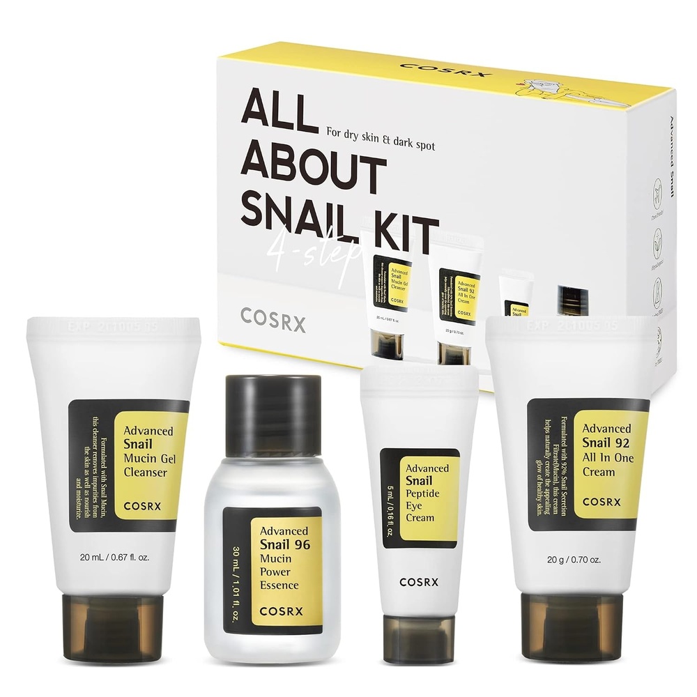image:imageCOSRX All About Snail Mucin Korean Skin Care Set Mini Travel Essentials Travel Size Gift Set with Snail Mucin Face Wash Serum Moisturizer amp Eye Cream Rejuvenating Kit Self Care Gift Set