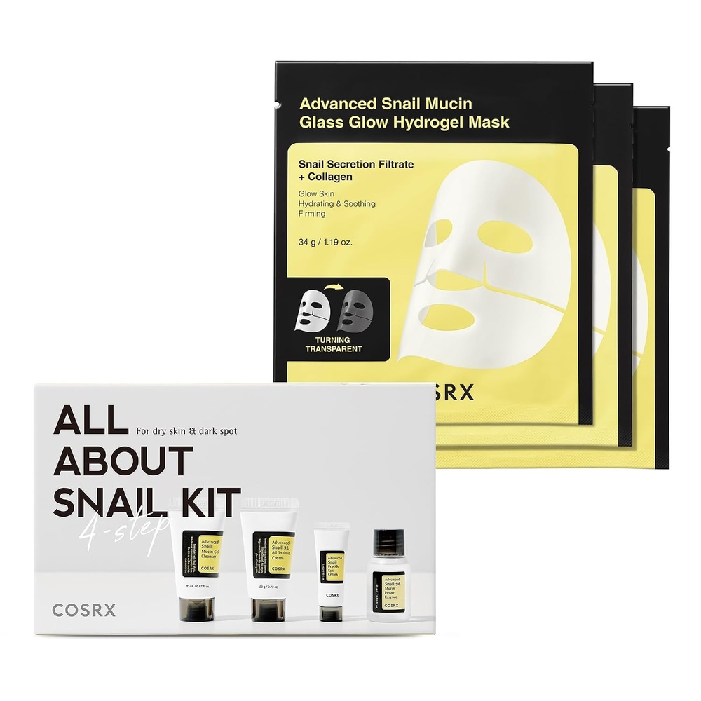image:imageCOSRX All About Snail Set Hydrogel Mask 3EA Snail Mucin Skincare Set and Glass Glow Hydrogel Collagen Face Mask Travel Essentials Stocking Stuffers Korean Skin Care