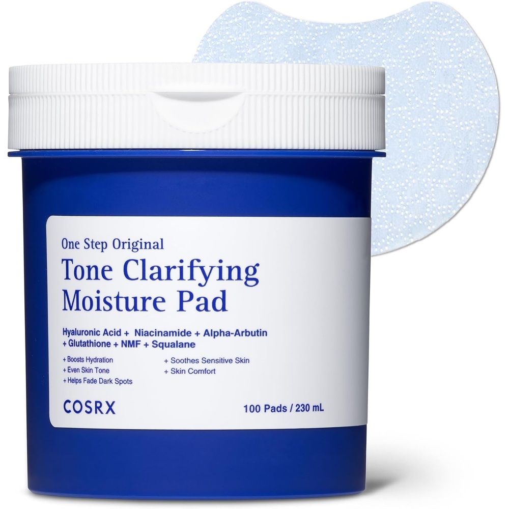image:imageCOSRX OneStep Tone Clarifying Toner Pads Even Skin amp Hydration 100 Pads Toning Pad for Skin Texture amp Hydration amp Evening Skin Tone with Arbutin Glutathione amp Hyaluronic Acids Korean Skin CareTone Clarifying Moisture