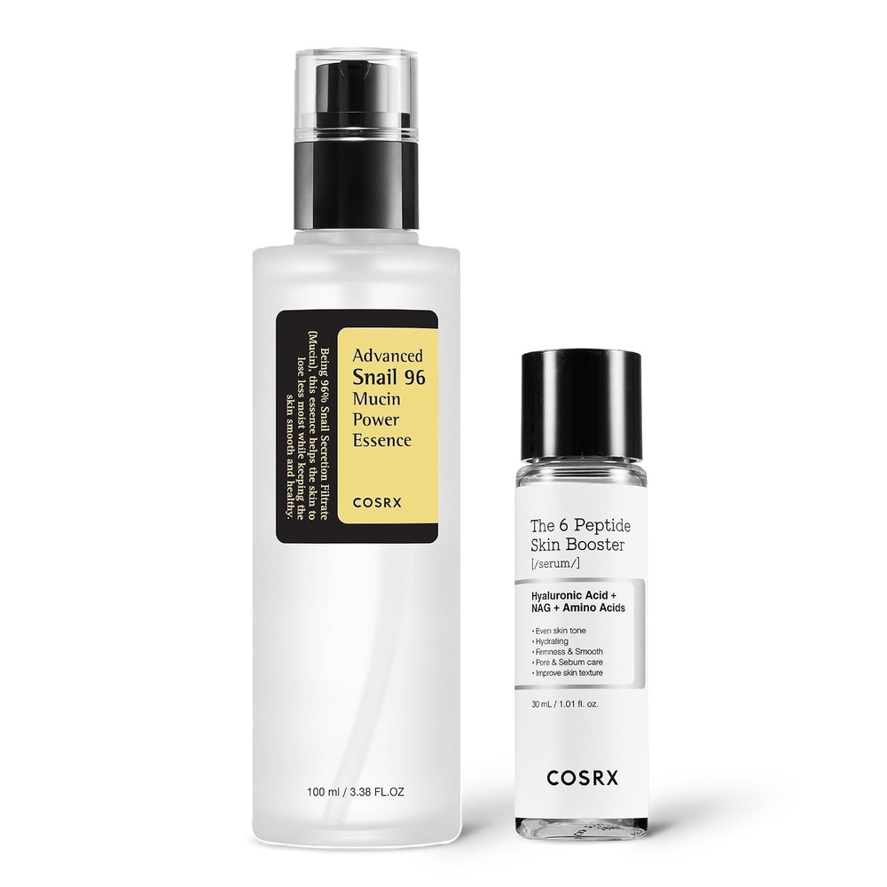 image:imageCOSRX Snail Glow Booster Duo Snail Mucin 96 Power Repairing Essence 338 floz Miniature 6X Peptide Skin Booster Serum 1 floz