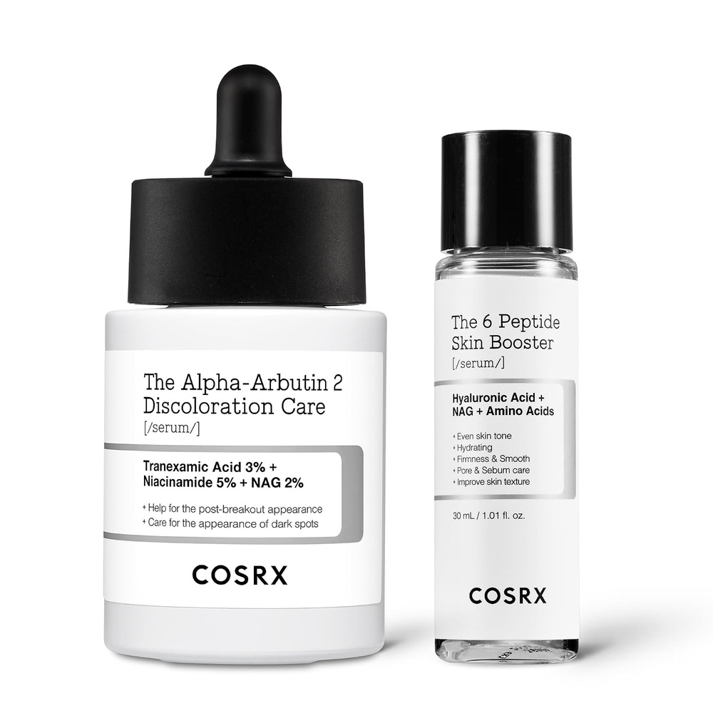 image:imageCOSRX Spotless Glow Duo 2 Alpha Arbutin Discoloration Care Face Serum 17 floz Miniature 6X Peptide Skin Booster Serum 1 floz